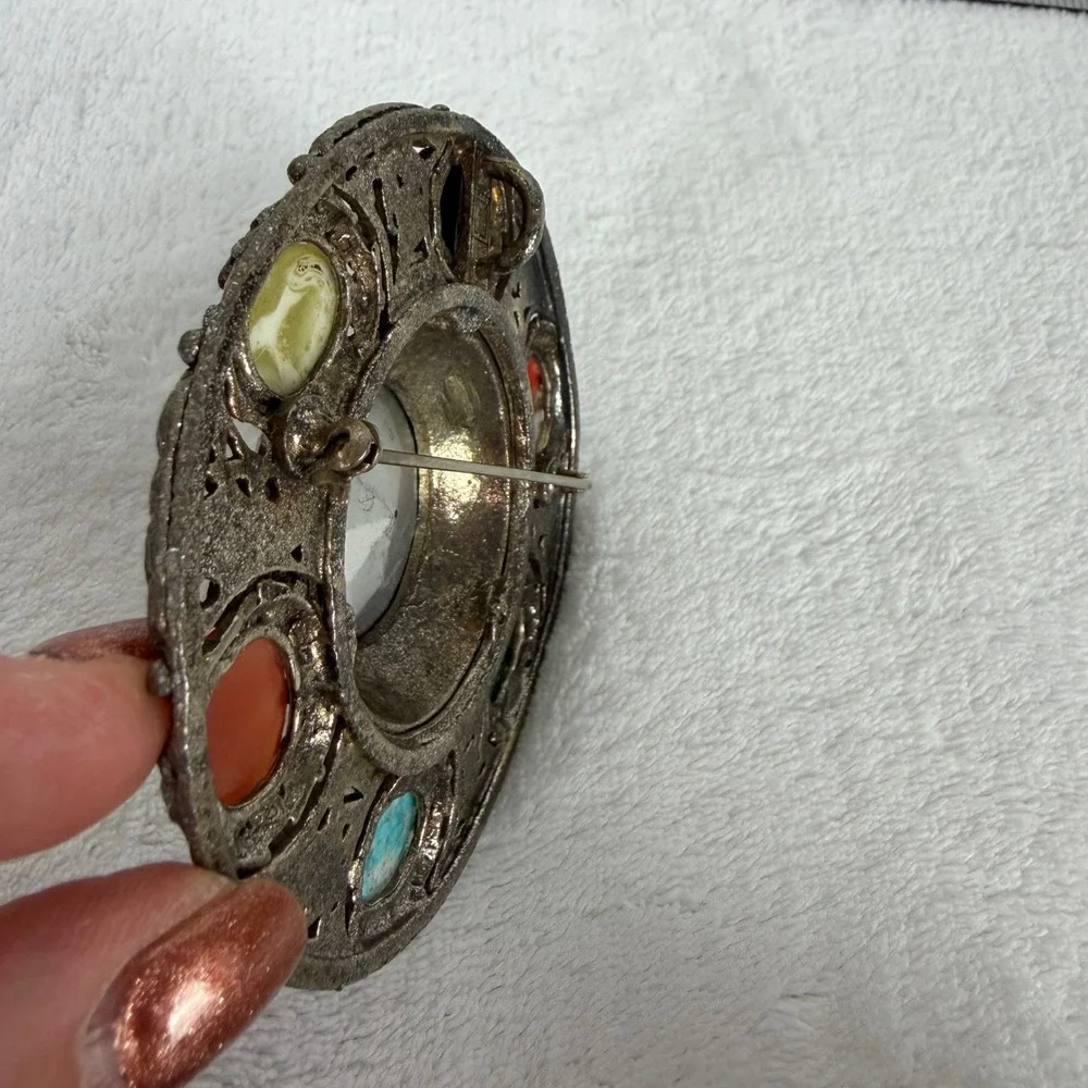 Miracle Vintage‎ Celtic Brooch Red Glass Multi Stone Silver Tone Scottish Pin